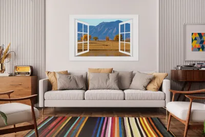 Boulder Flatirons Autumn Trees  Open Window View Reproduction