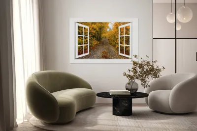 Colorful Trees Down the Drive White Open Window Reproduction