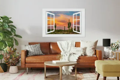 Arizona Saguaro Colorful Sky White Open Window Reproduction