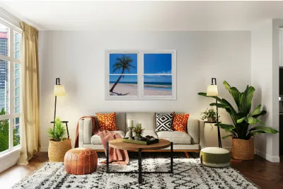 Tropical Paradise Whitewash Window View Reproduction