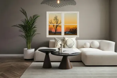 Winter Season Country Sunet White Window View Reproduction