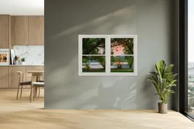 Sun Glowing Lush Trees Lakeside Whitewash Window Reproduction