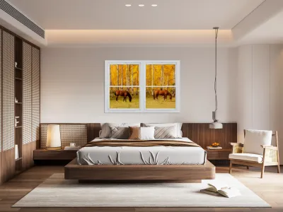 2 Horses Aspen Trees Whitewash Picture Window Reproduction