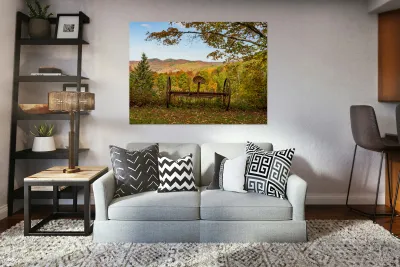 Horse drawn rake by fall colors in Vermont Reproduction