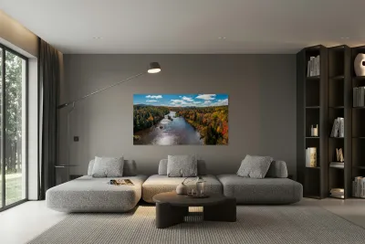 Saranac river flows through multi-colored fall landscape in Adir Reproduction