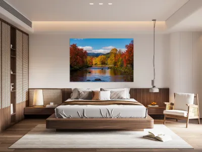 Saranac river flows through multi-colored fall landscape in Adir Reproduction