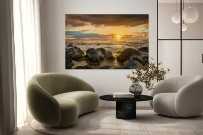 Sunset over rocks from Kee Beach Reproduction