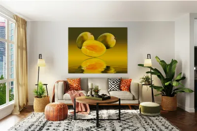 Two mangoes and one cut mango reflecting Reproduction