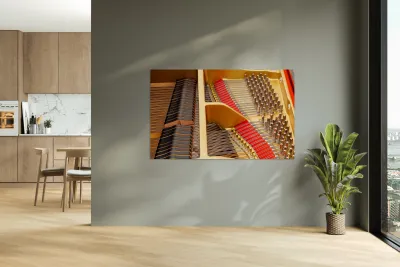 Interior of grand piano with strings Reproduction