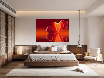 Fresh sliced strawberry in heart shape reflected Reproduction