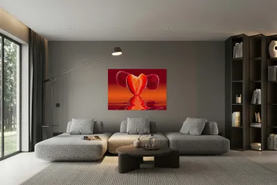 Fresh sliced strawberry in heart shape reflected Reproduction