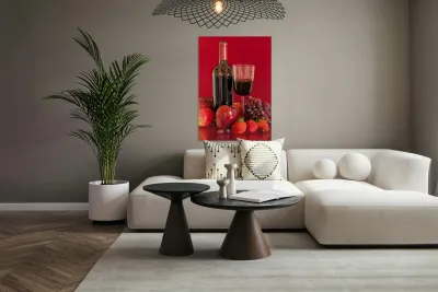 Red wine bottle and fruit with glass Reproduction