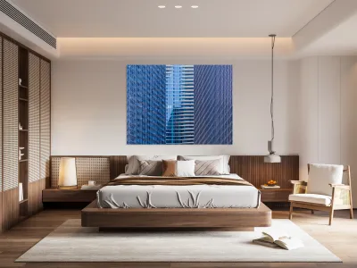 Distinctive hotel between skyscrapers Reproduction