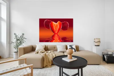 Fresh heart shaped strawberry reflected Reproduction