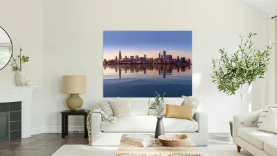 Sunset over city skyline Chicago from Observatory Reproduction
