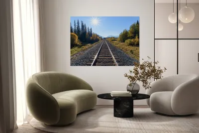 Banff Train tracks with sun 2 Reproduction