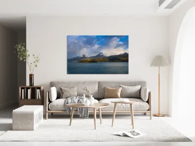 Panorama of Holanda glacier by Beagle channel with rainbow Reproduction