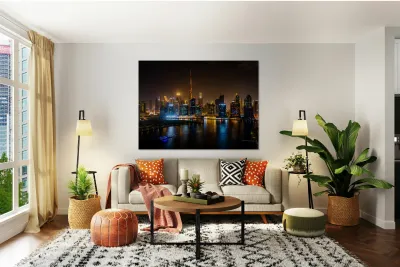 Offices and apartments of Dubai Business Bay with district behin Reproduction