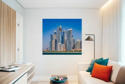 Skyline of hotels and apartments in JBR Beach above the beach Reproduction