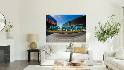 Colorful The Beach sign on main street of JBR district of Dubai Reproduction