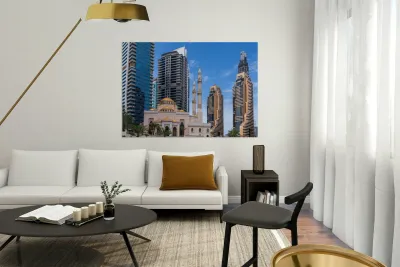 Mosque among towers on the waterfront at Dubai Marina UAE Reproduction