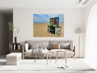 Painted Barrels on the Beach Reproduction