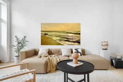 Surfer on the Beach at Sunset Reproduction