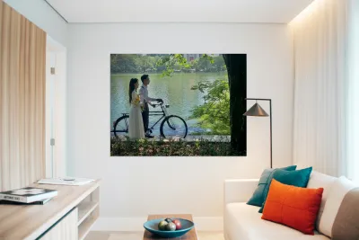 Newlyweds by the Lake with a Bicycle Reproduction