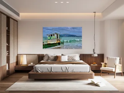 Green Boat on the Beach Reproduction