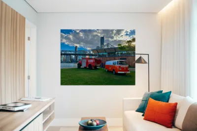 Red Trucks in Front of the Bridge Reproduction