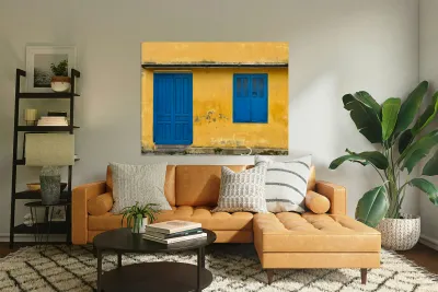 The Yellow House with Blue Windows and Door Reproduction