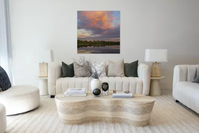View across the Ellesmere Mere to a clear reflection of distant  Reproduction