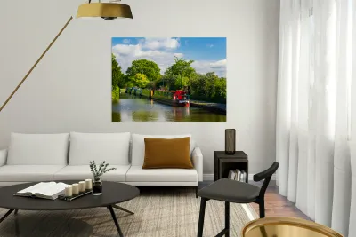 Colorful canal narrowboats in Ellesmere in Shropshire Reproduction