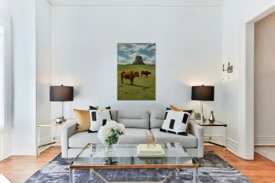 Texas Longhorn Cows Gracefully Posing at Majestic Devils Tower Reproduction
