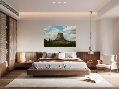 Majestic Devils Tower in Wyoming Amidst Pine Forest Reproduction