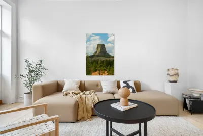 Majestic Devils Tower in Wyoming Surrounded by Pine Forest Reproduction