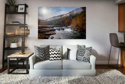 Sun rising over Valley Falls on a misty autumn day Reproduction