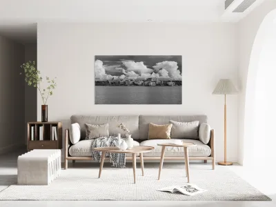 Dramatic monochrome panorama of National Harbor near Washington  Reproduction