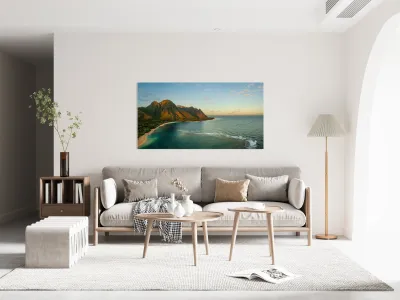 Panorama aerial view of Tunnels Beach at sunrise on Kauai in Hawaii Reproduction