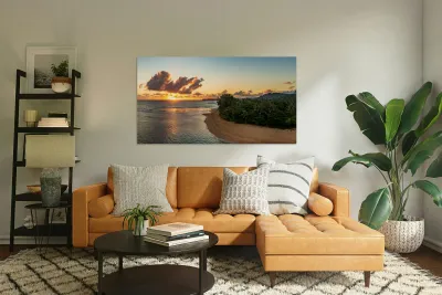 Wide panoramic view of sunrise over Tunnels Beach Kauai Hawaii Reproduction