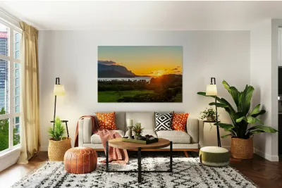 Sunset over Hanalei bay from overlook on the road Reproduction