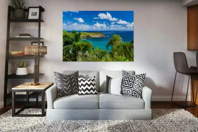 Mokolea point and Kahili beach framed by palm trees Kauai Reproduction