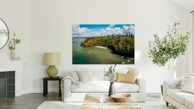 Overhead panorama view of Sealodge beach in Princeville on Kauai Reproduction
