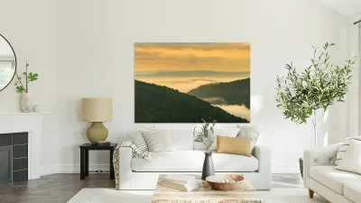 Mist swirling over Cheat River gorge at sunrise near Raven Rock Reproduction