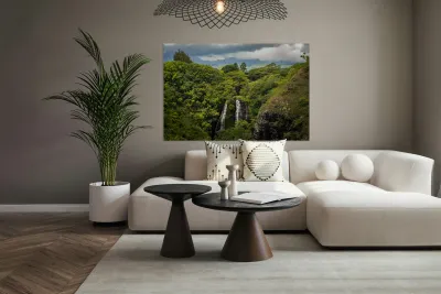 Opaekaa Falls sunlit as dark storm clouds gather over the hills Reproduction