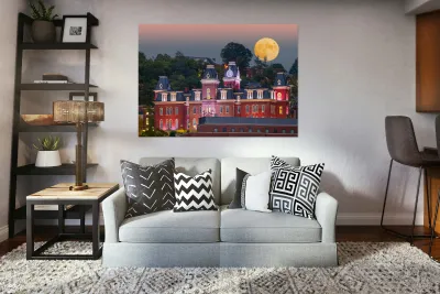 Moonrise over illuminated Woodburn Hall at WVU Morgantown Reproduction