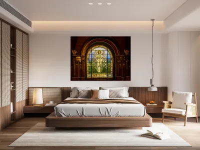 The Angel among the Lilies. Tiffany stained glass window. 1896 Reproduction