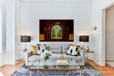 The Angel among the Lilies. Tiffany stained glass window. 1896 Reproduction