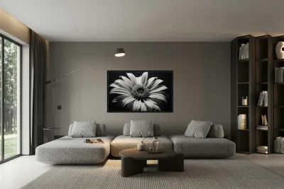 Shadow Bloom – Black and White Sunflower Portrait Print Reproduction