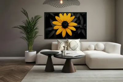 Lone Glow – Yellow Sunflower on Black Print Reproduction